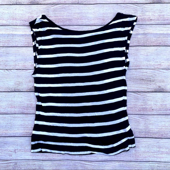 Zenana Outfitters Top  women’s Small black white stripes w/sheer back stripes - Picture 3 of 6